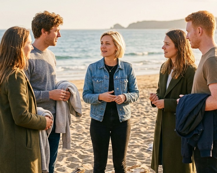 A small group of friends talking together on the beach at golden hour